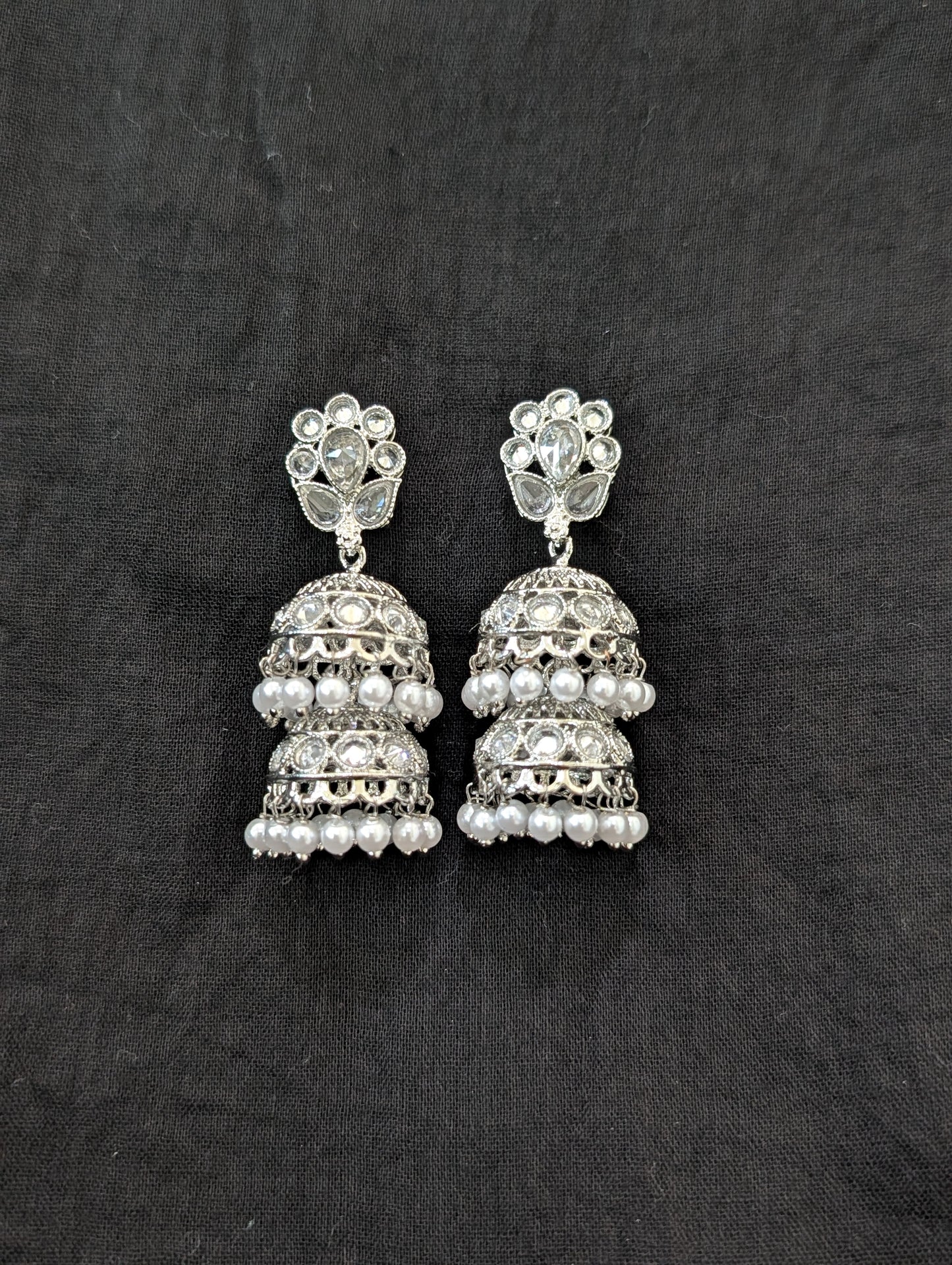 Bright silver Pearl Polki Dual Jhumka Earrings