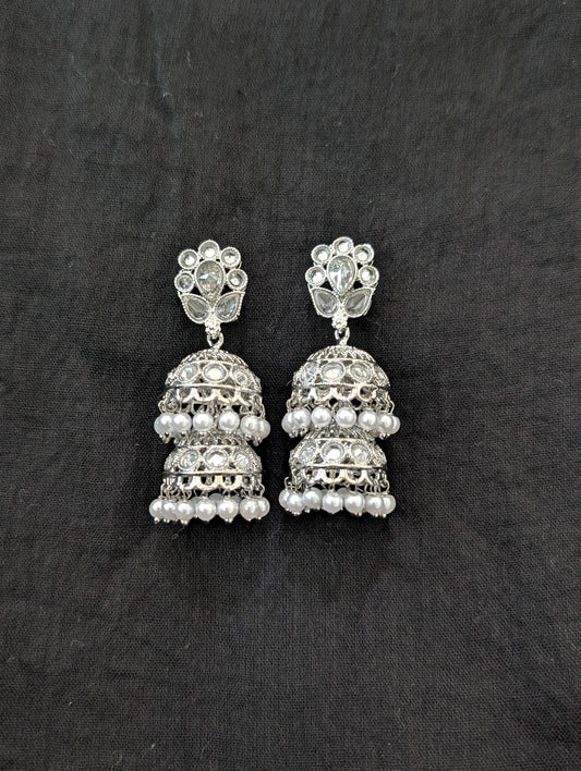Bright silver Pearl Polki Dual Jhumka Earrings