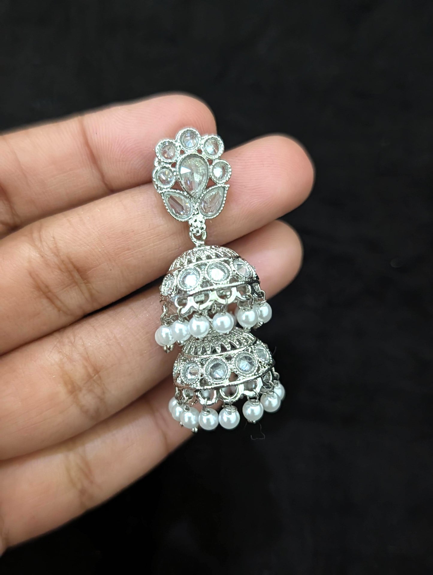 Bright silver Pearl Polki Dual Jhumka Earrings