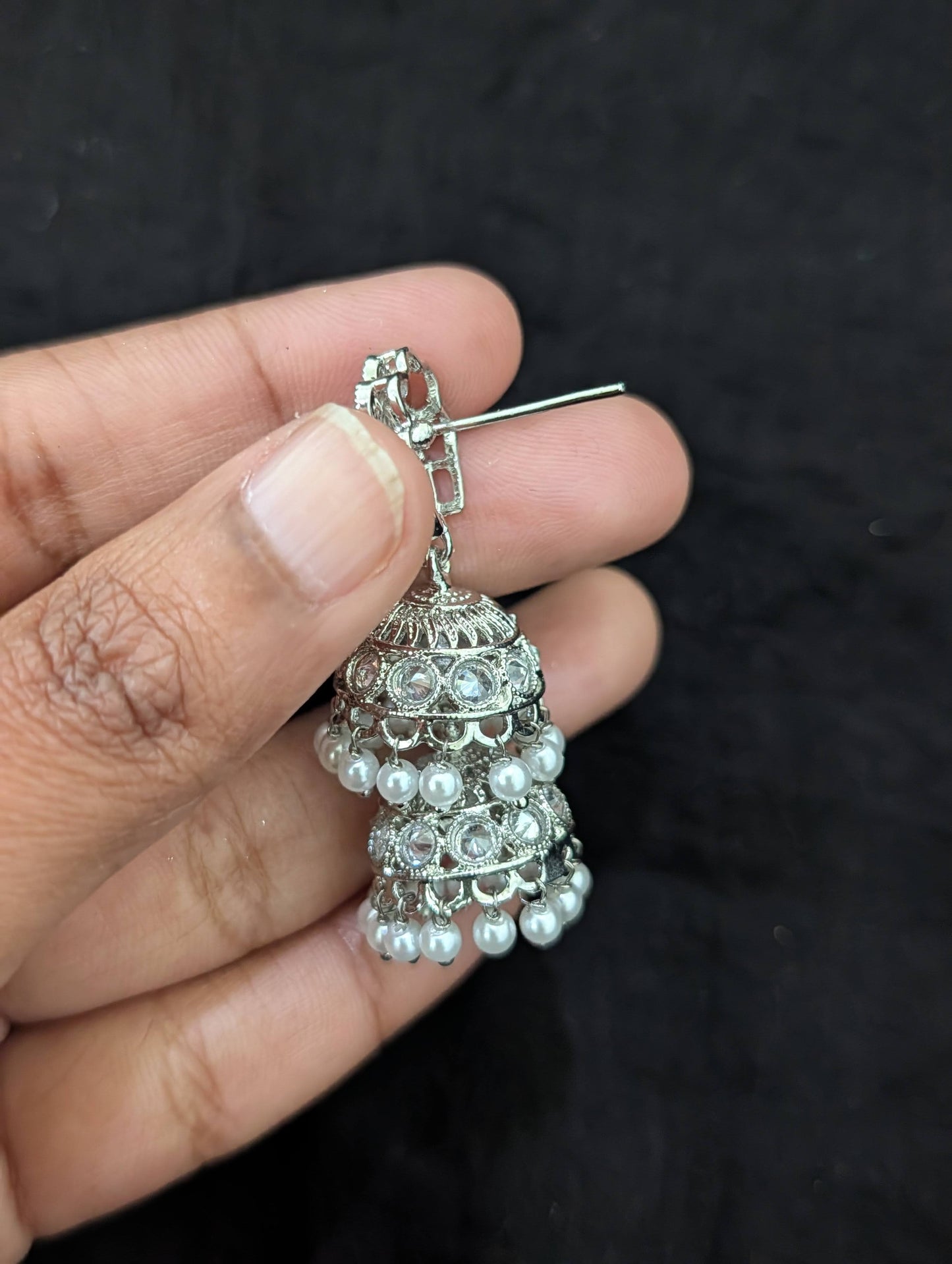 Bright silver Pearl Polki Dual Jhumka Earrings