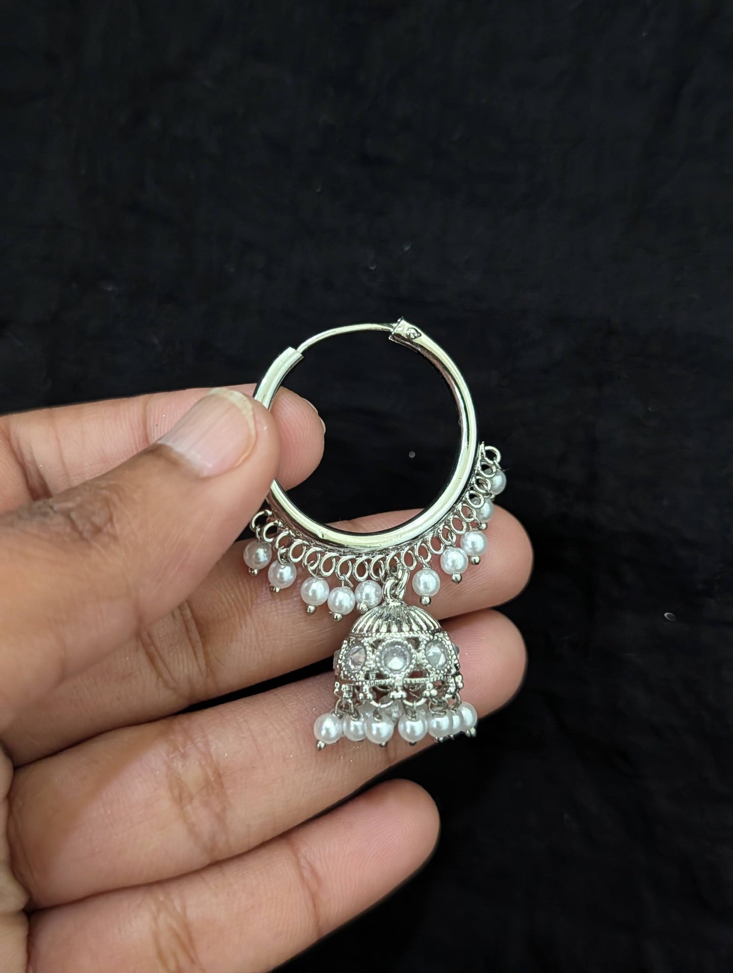 Bright silver Pearl Polki Hoop Jhumka Earrings