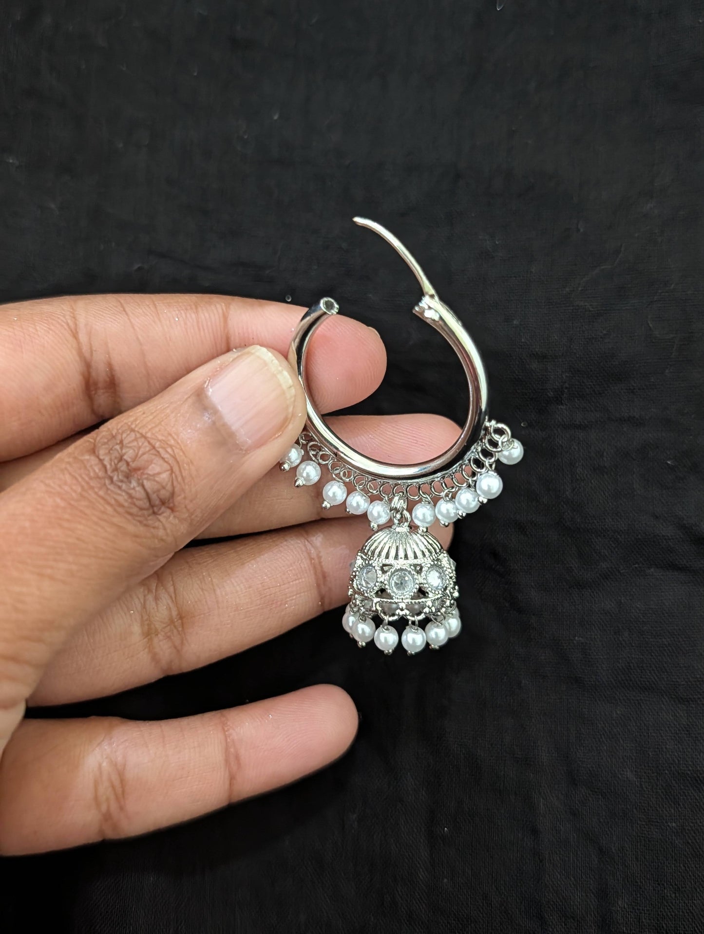 Bright silver Pearl Polki Hoop Jhumka Earrings