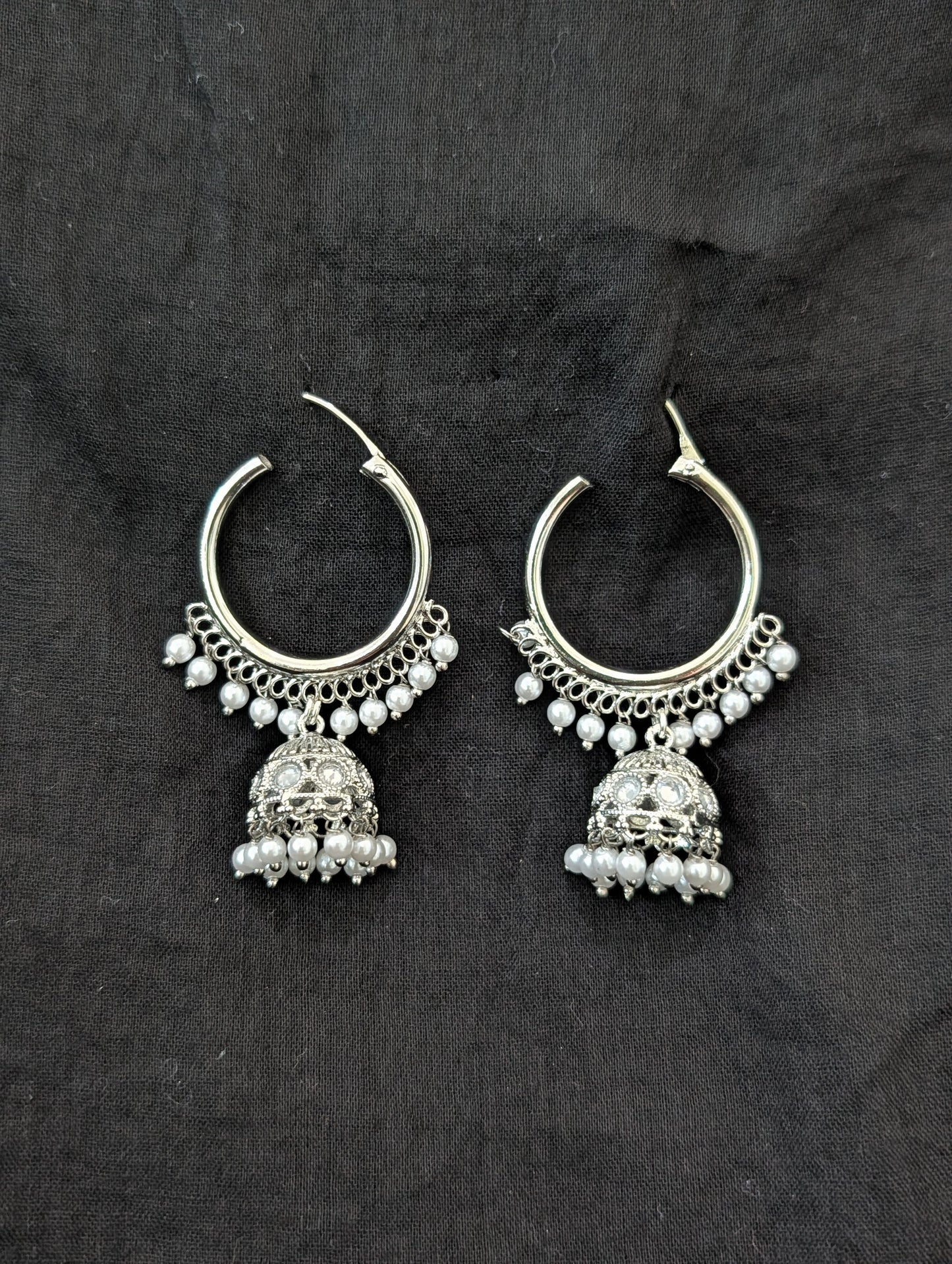 Bright silver Pearl Polki Hoop Jhumka Earrings