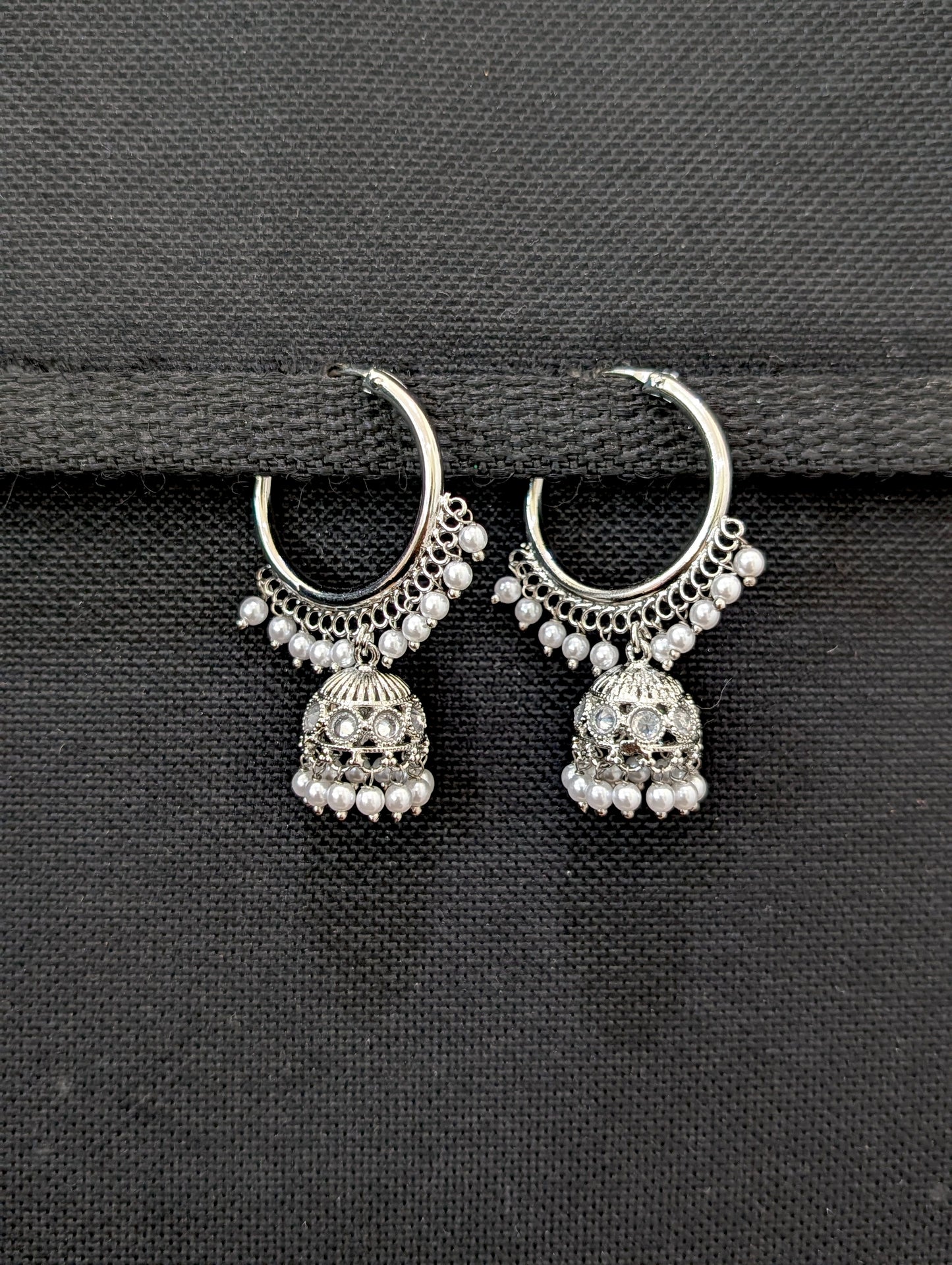Bright silver Pearl Polki Hoop Jhumka Earrings