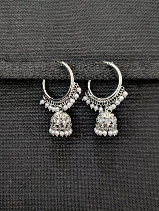 Bright silver Pearl Polki Hoop Jhumka Earrings