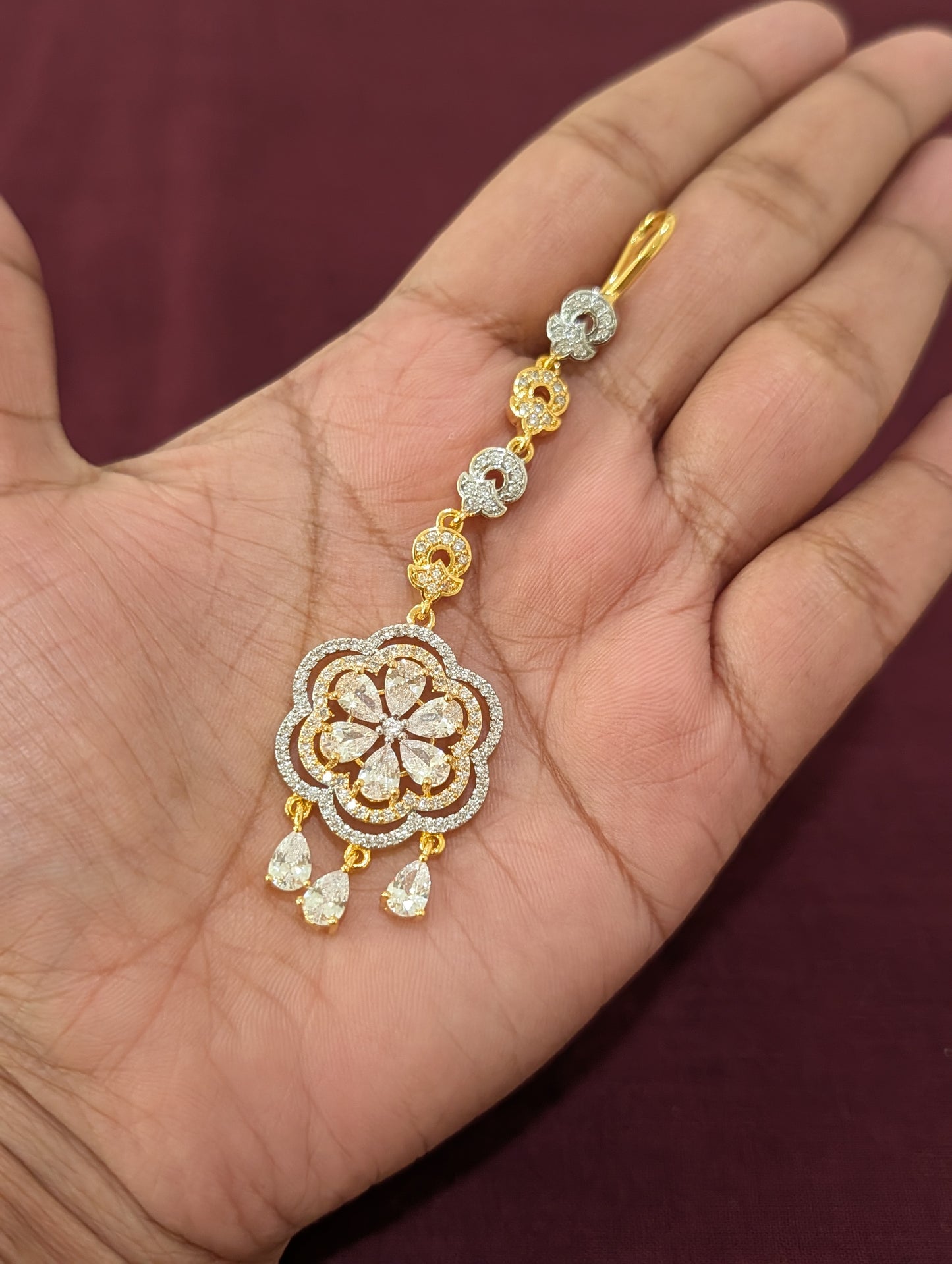 One gram gold Dual Flower Chandbali CZ Tikka