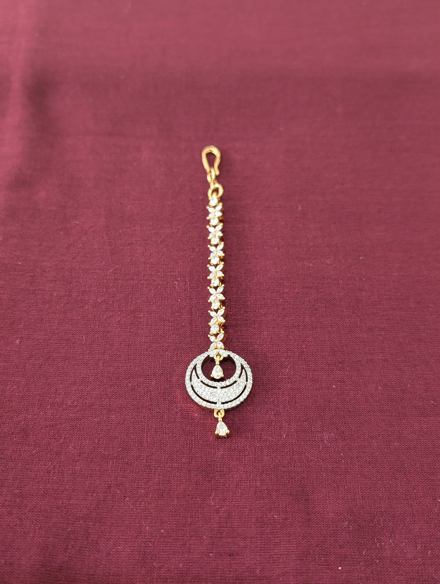 White CZ One gram gold plated hollow chandbali Tikka