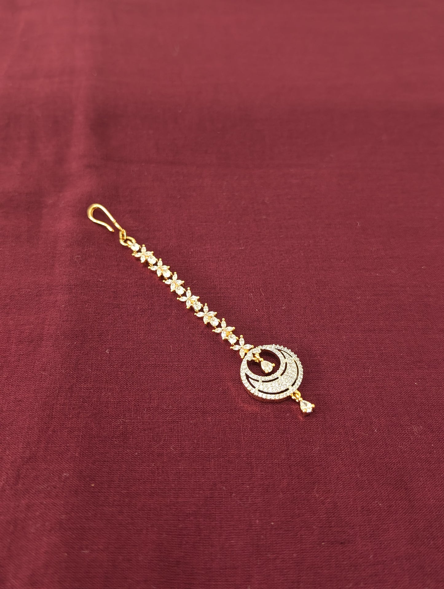 White CZ One gram gold plated hollow chandbali Tikka