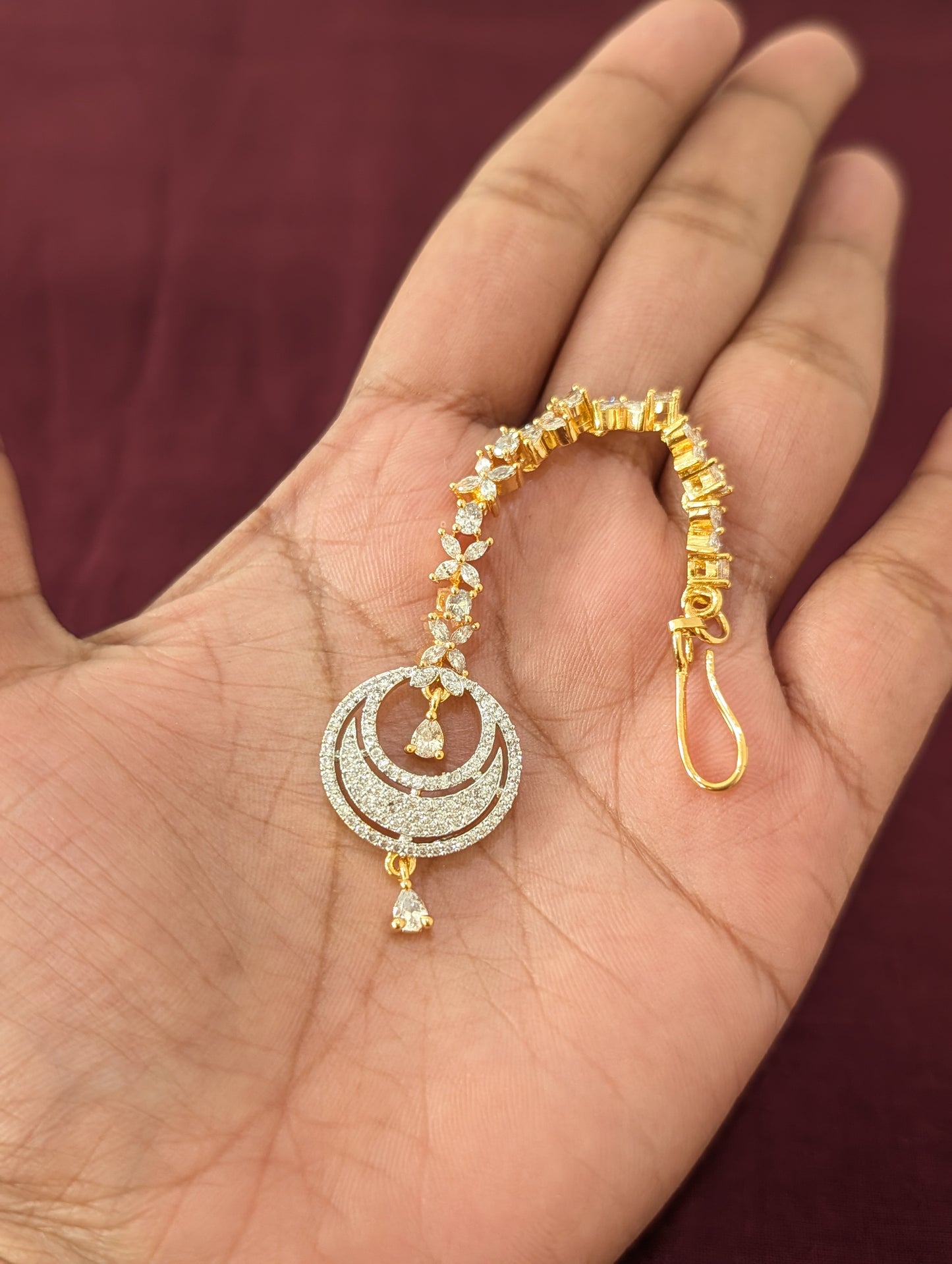 White CZ One gram gold plated hollow chandbali Tikka