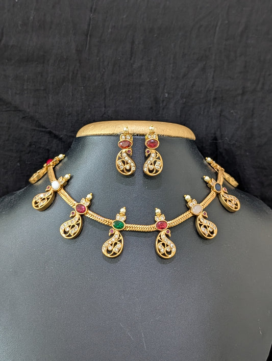 Antique Peacock design Multi color CZ Choker set