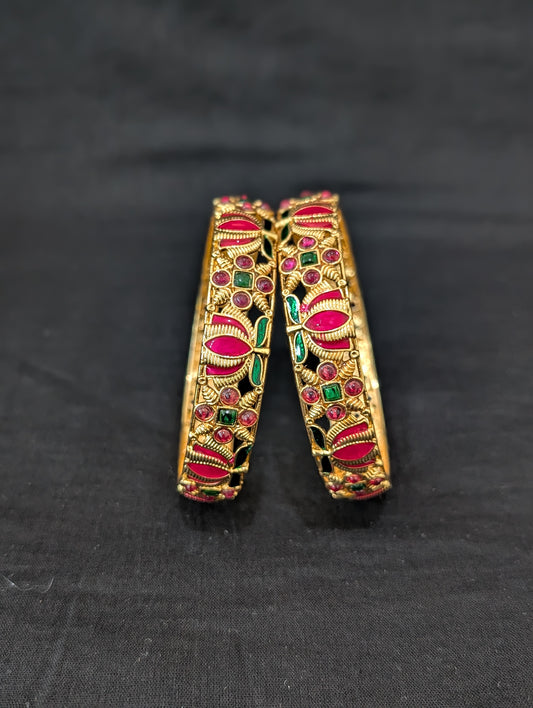 Enamel work Lotus design Gold plated Kemp bangles