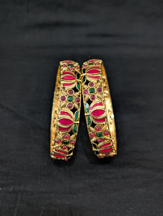 Enamel work Lotus design Gold plated Kemp bangles