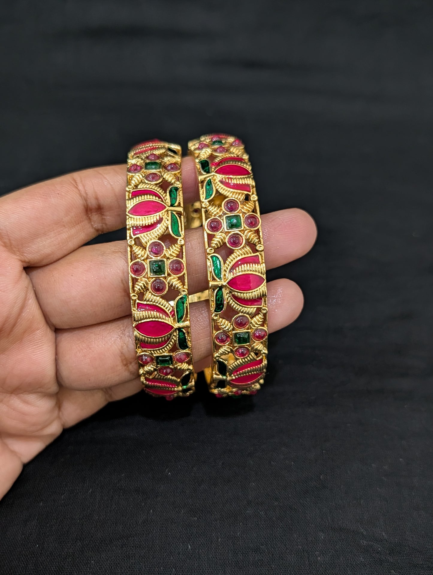 Enamel work Lotus design Gold plated Kemp bangles