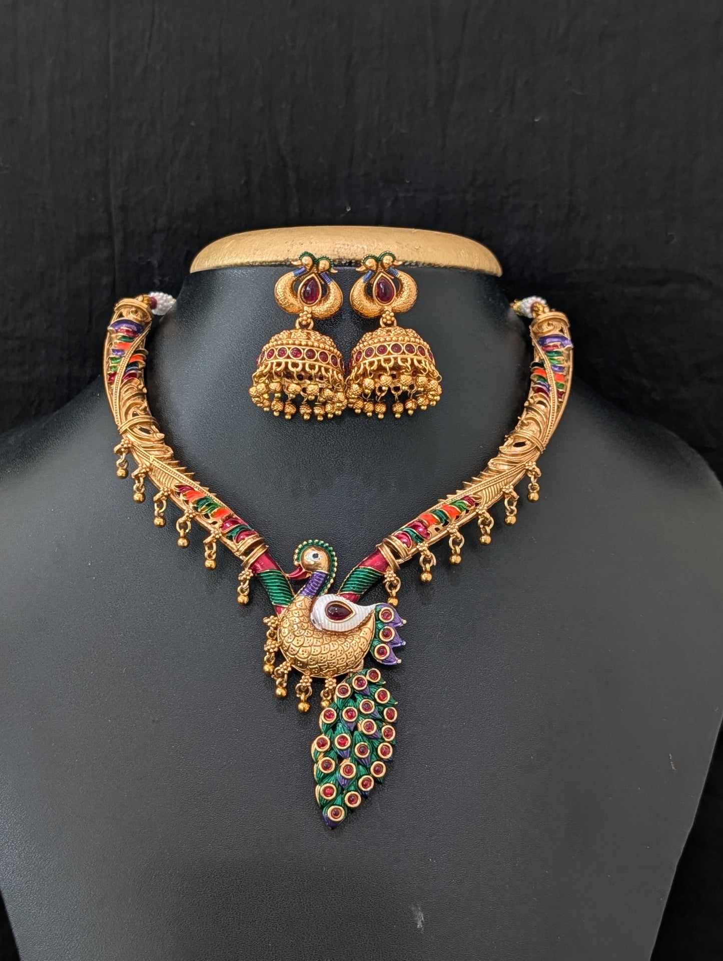 Hasli Peacock design Kemp Choker Jhumka set
