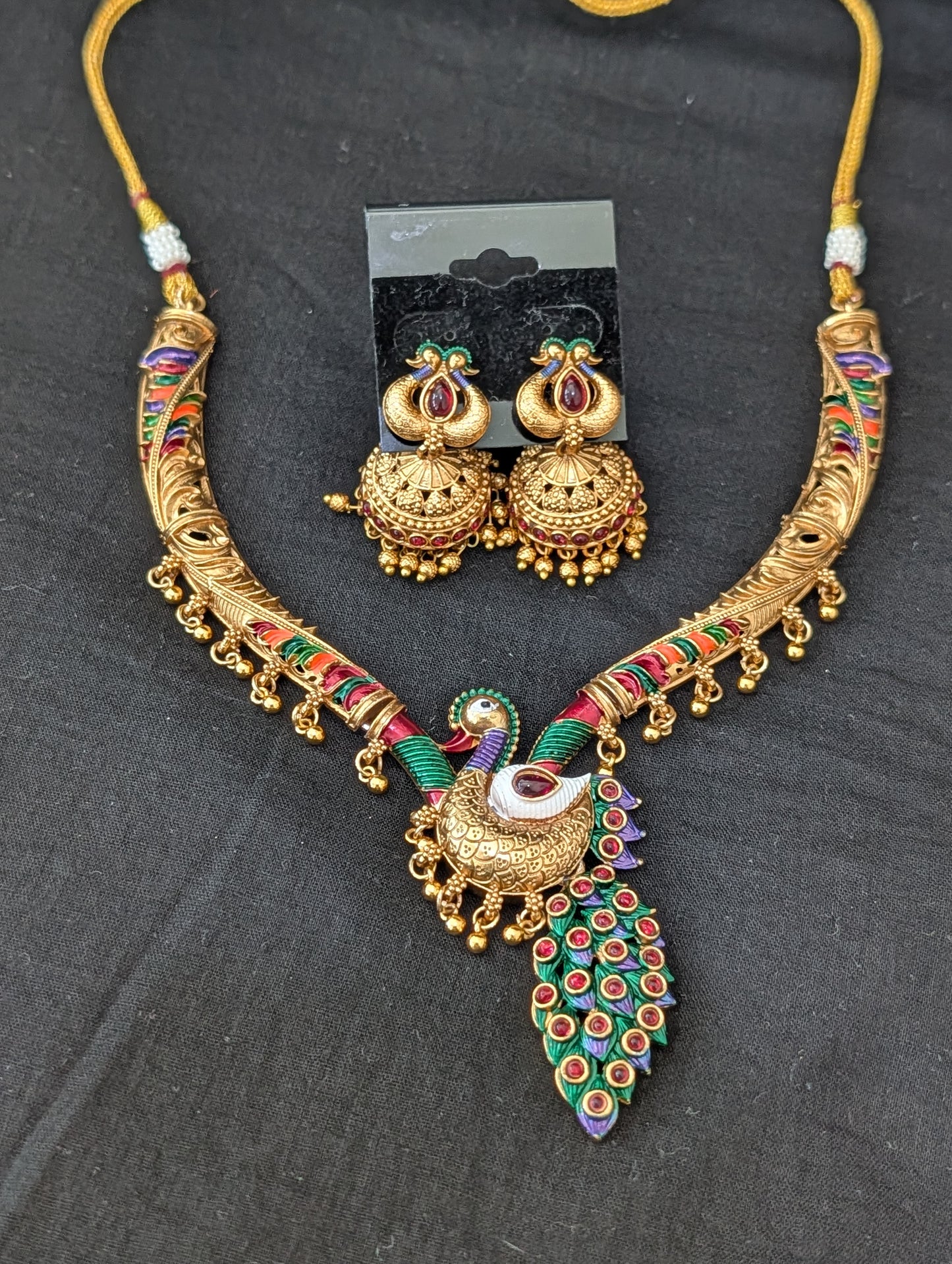 Hasli Peacock design Kemp Choker Jhumka set