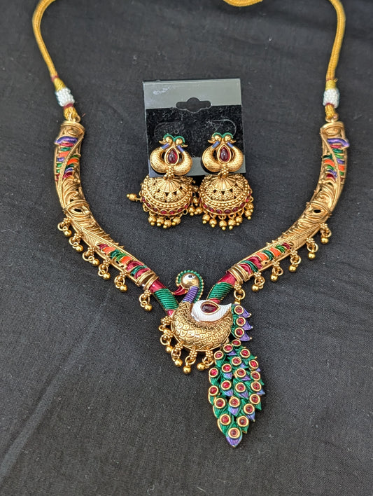 Hasli Peacock design Kemp Choker Jhumka set