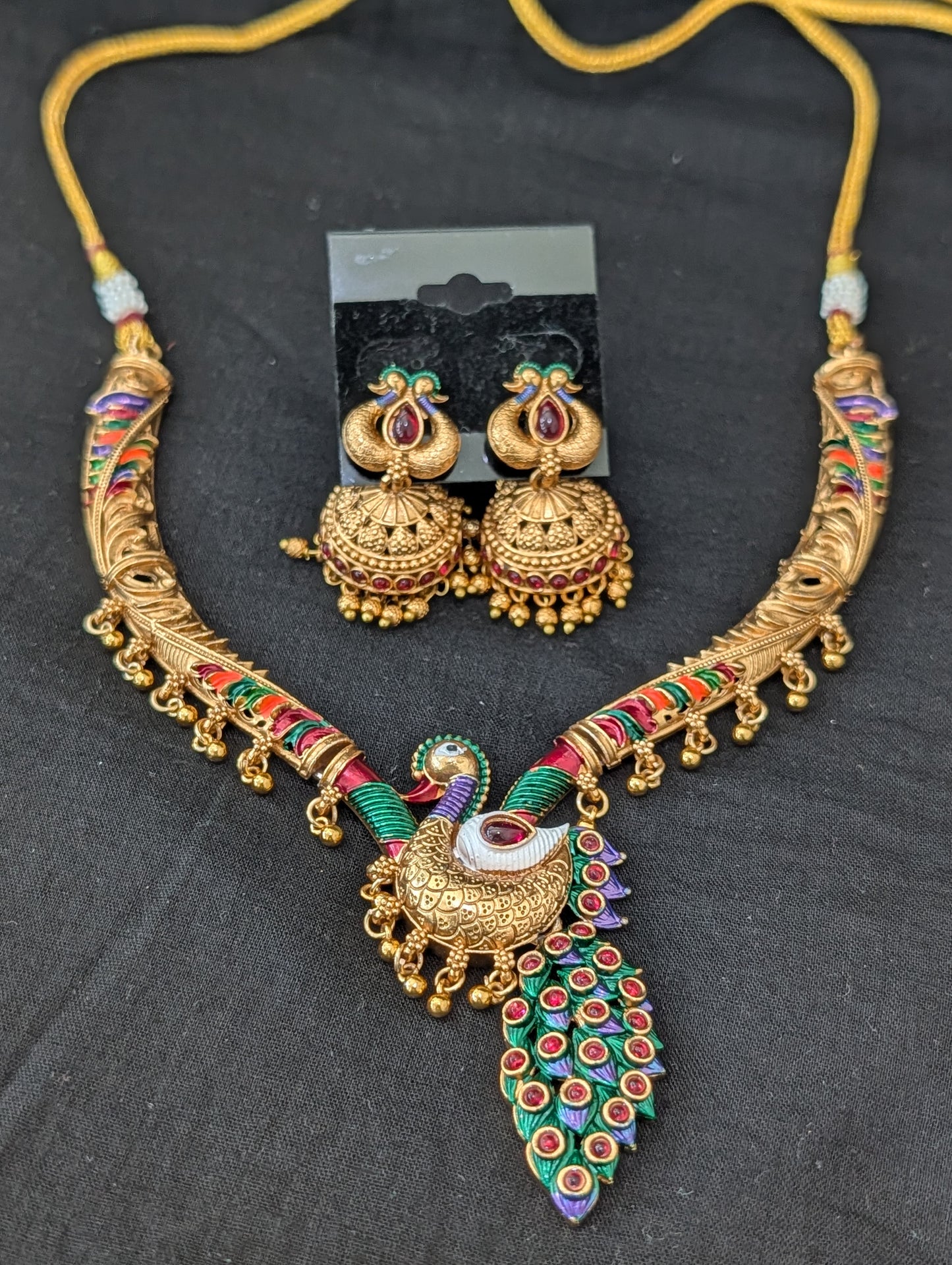 Hasli Peacock design Kemp Choker Jhumka set