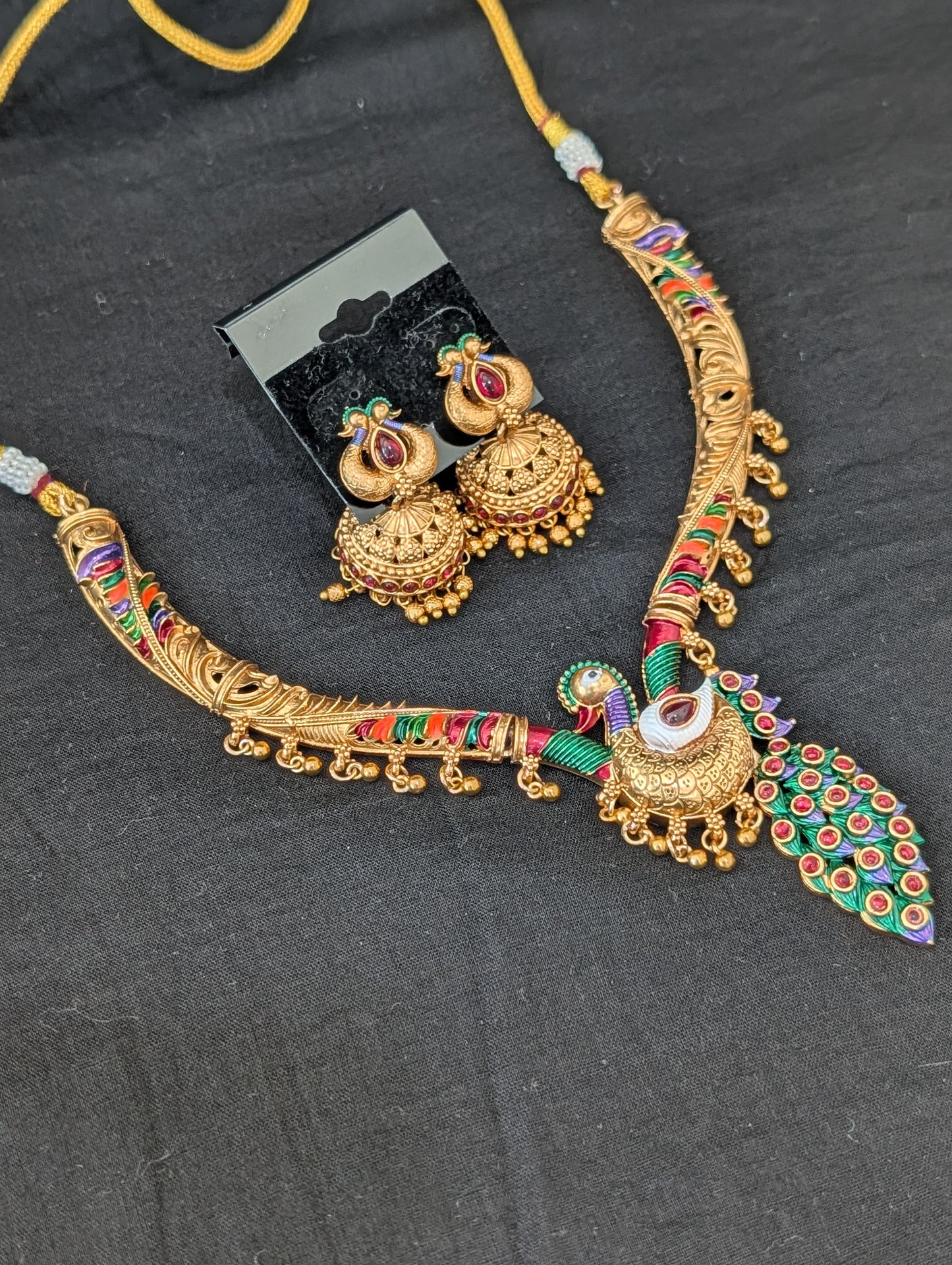 Hasli Peacock design Kemp Choker Jhumka set