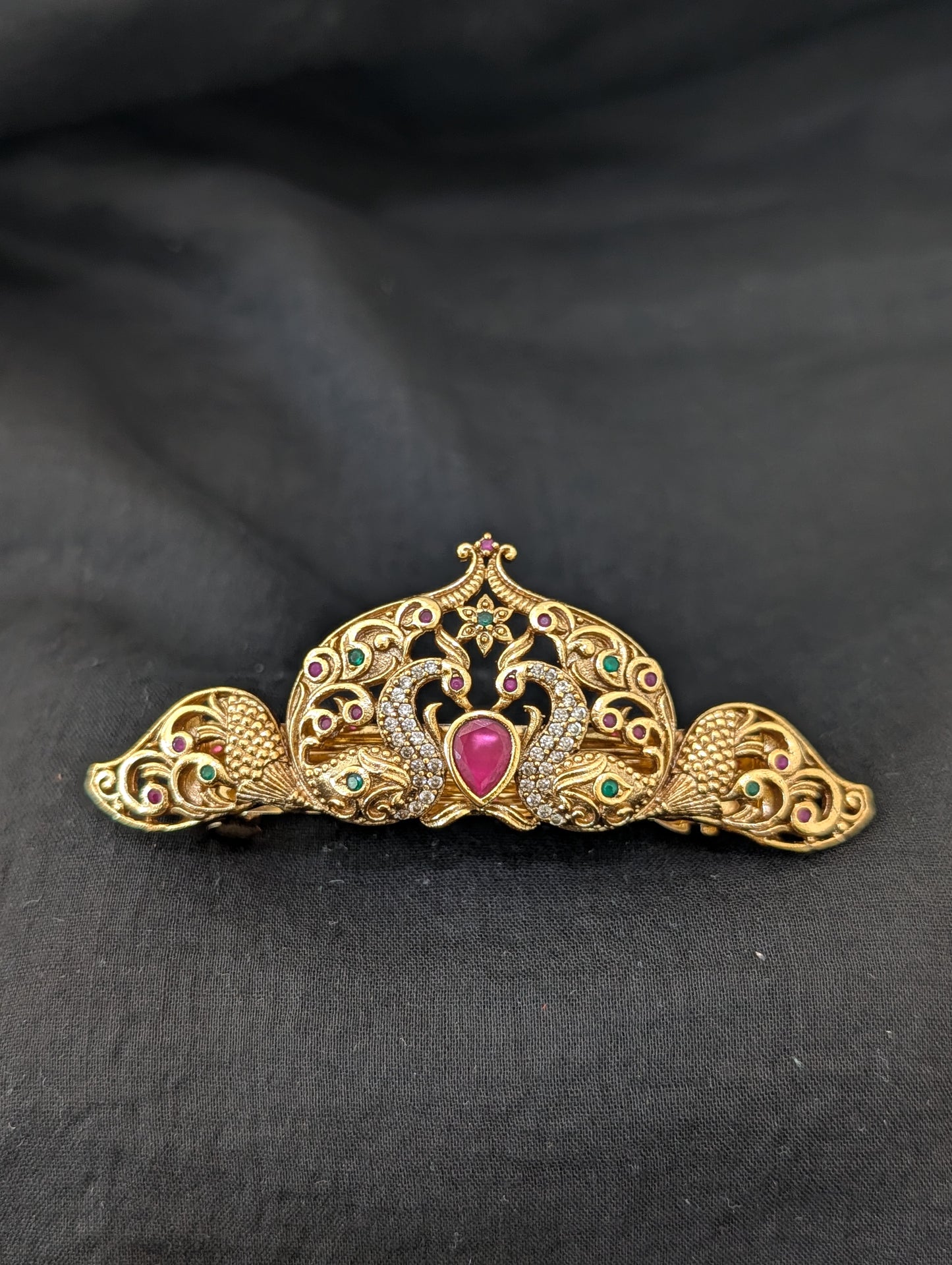 Antique Gold plated Peacock CZ hair clip