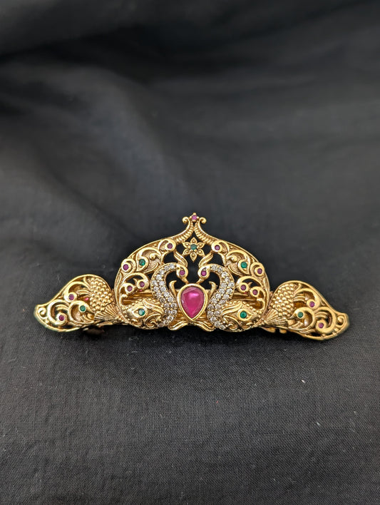Antique Gold plated Peacock CZ hair clip