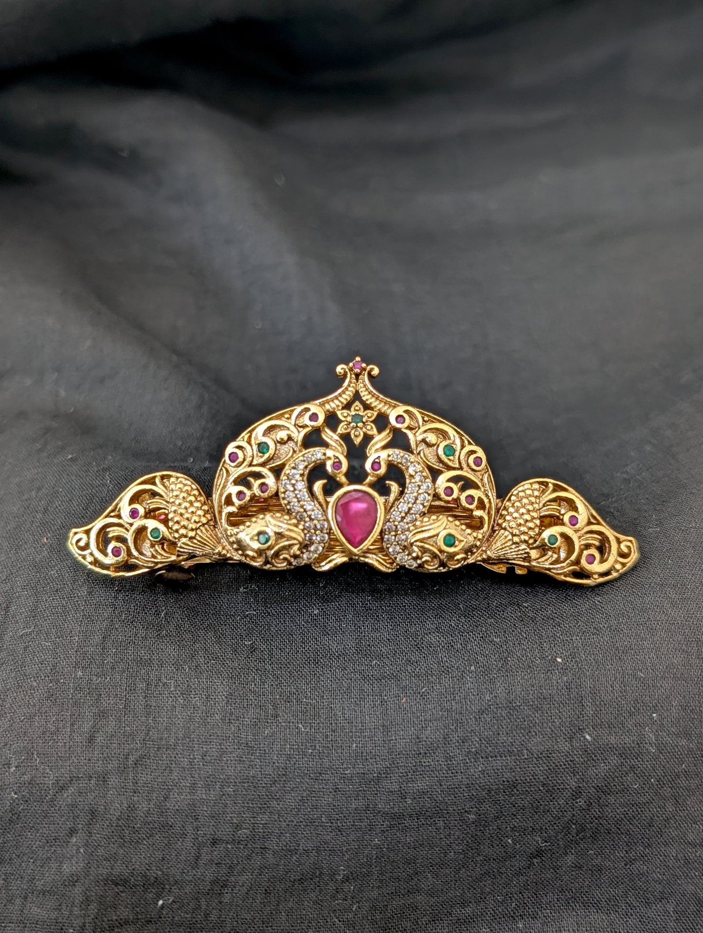 Antique Gold plated Peacock CZ hair clip
