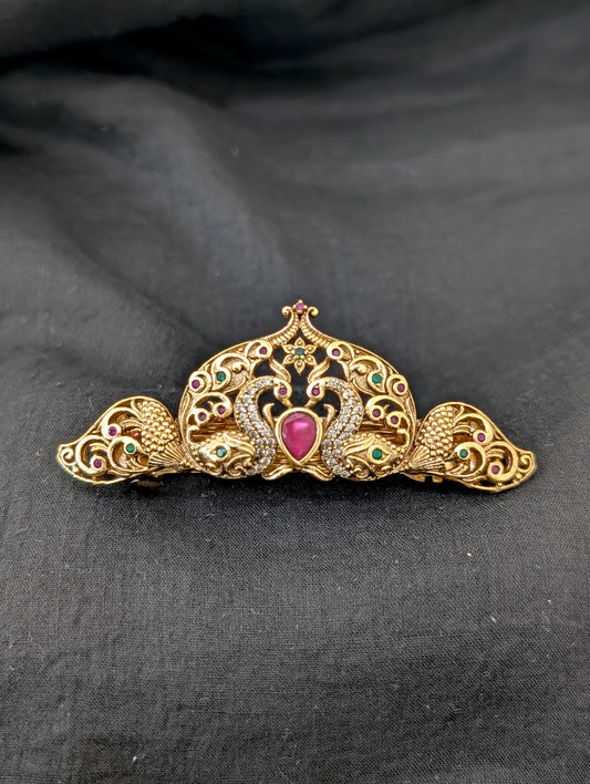 Antique Gold plated Peacock CZ hair clip