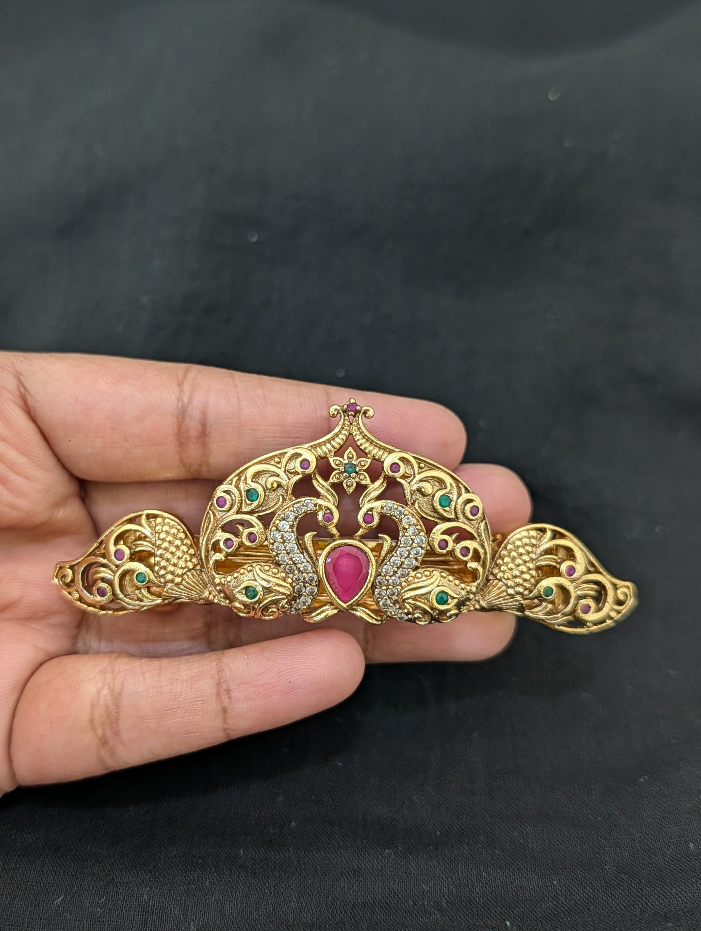 Antique Gold plated Peacock CZ hair clip