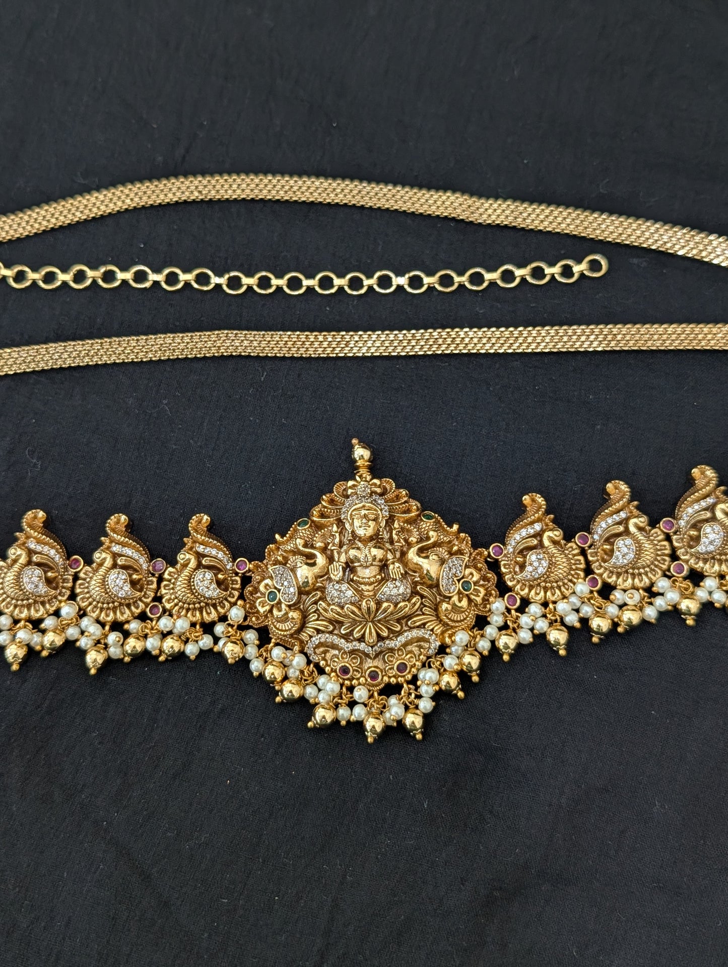 Antique Gold plated CZ Lakshmi ji Bridal Hip Chain / Waist Belt / Belly Chain
