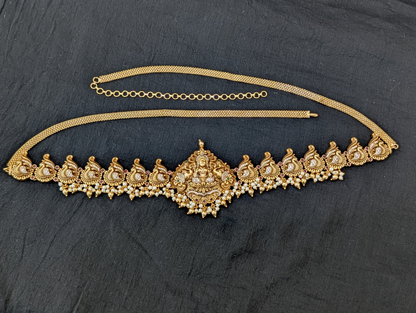 Antique Gold plated CZ Lakshmi ji Bridal Hip Chain / Waist Belt / Belly Chain