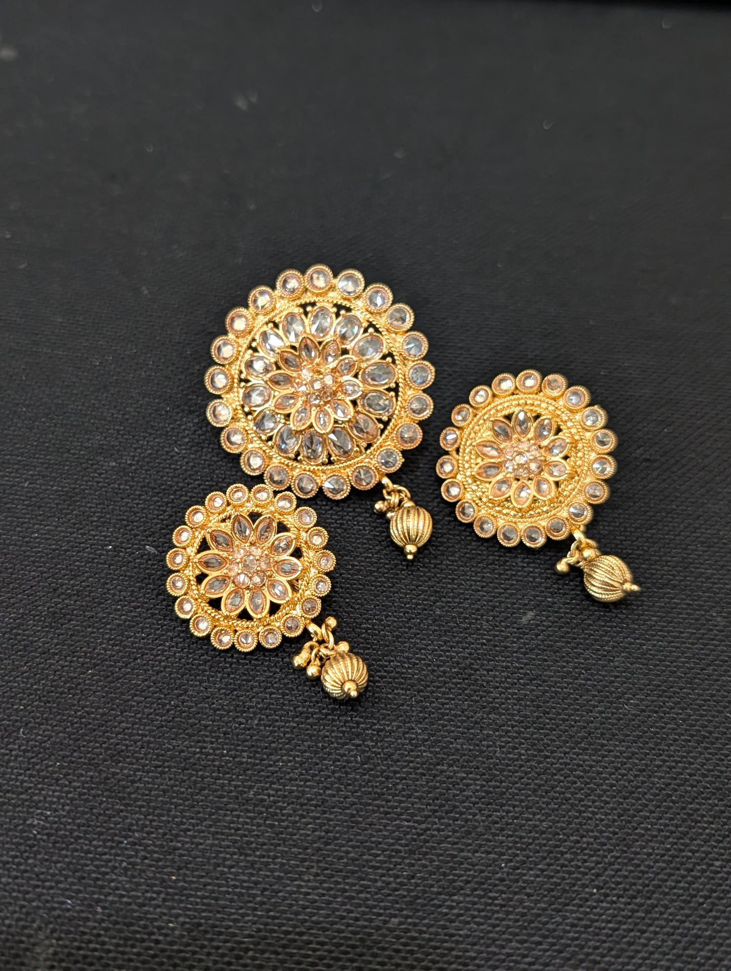 Light Gold plated Polki Round Clip on Hair Brooch - 3 piece set