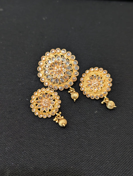 Light Gold plated Polki Round Clip on Hair Brooch - 3 piece set