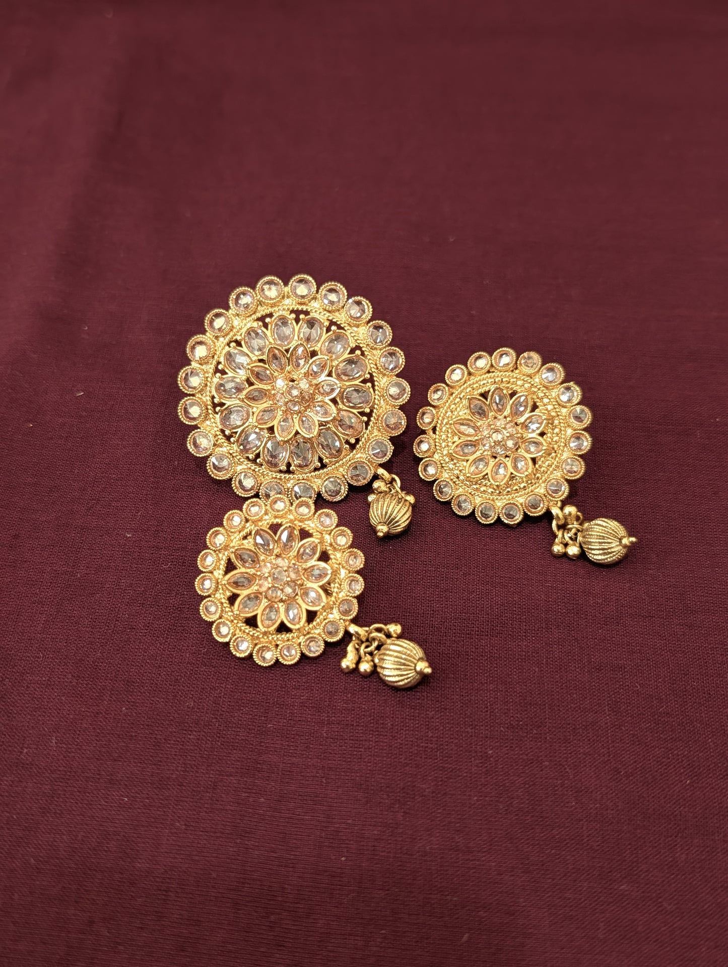 Light Gold plated Polki Round Clip on Hair Brooch - 3 piece set