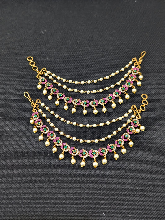 CZ stone Triple layer Antique Earrings chain / Maatal / Kaan Chain