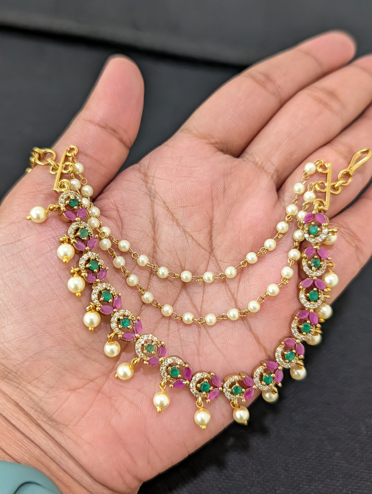 CZ stone Triple layer Antique Earrings chain / Maatal / Kaan Chain - Simpliful