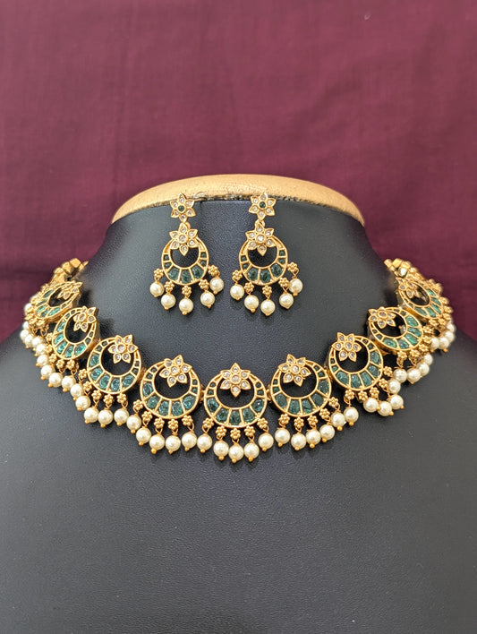 Chandbali design Green Kemp Guttapusalu Choker set