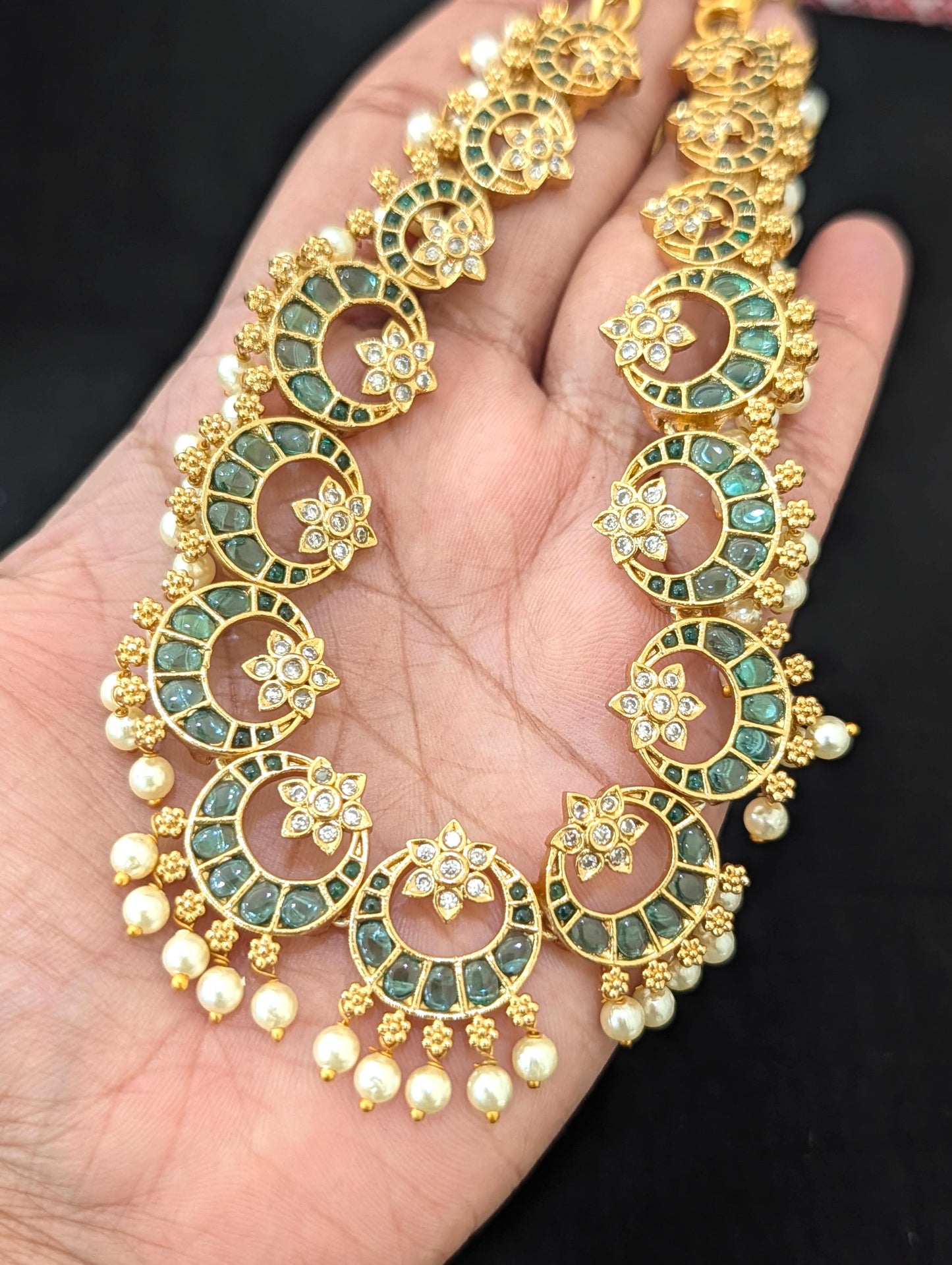Chandbali design Green Kemp Guttapusalu Choker set
