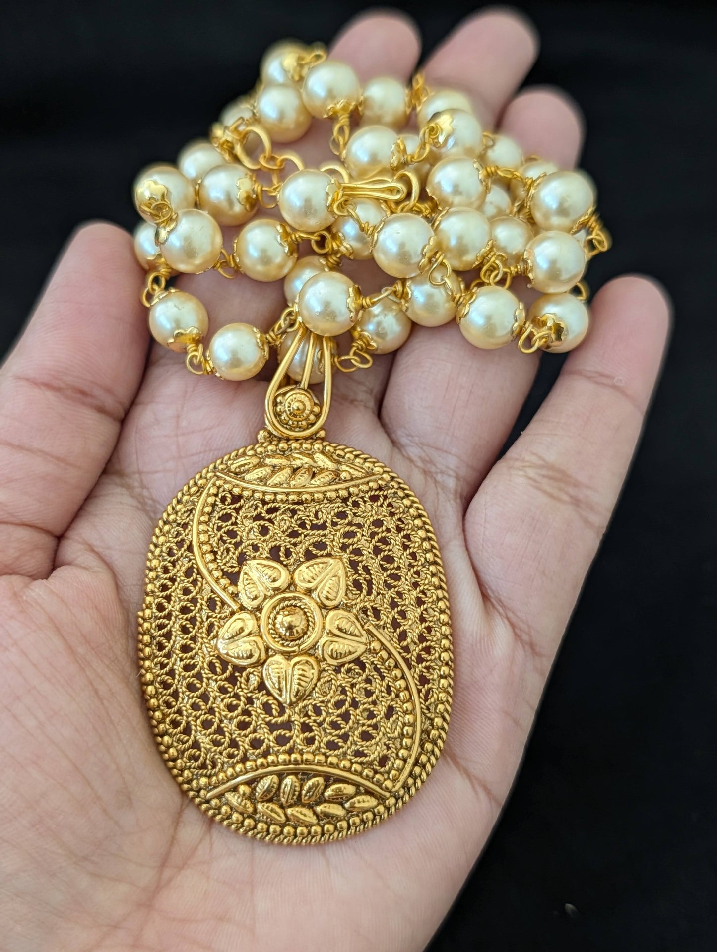 Gold look alike Pendant and Earrings Set with Pearl chain