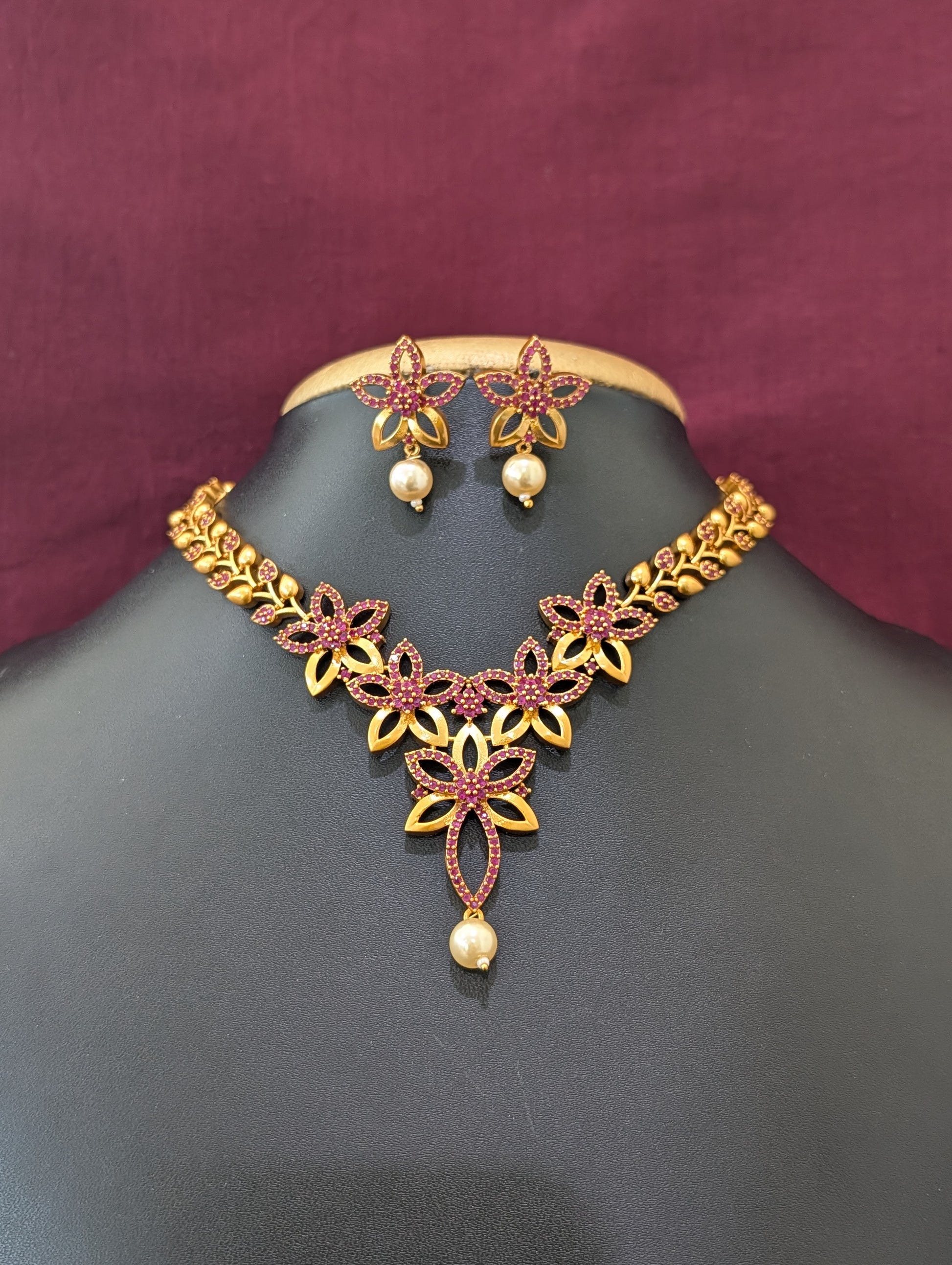 Antique Leafy Flower CZ Necklace and Earrings set - Simpliful