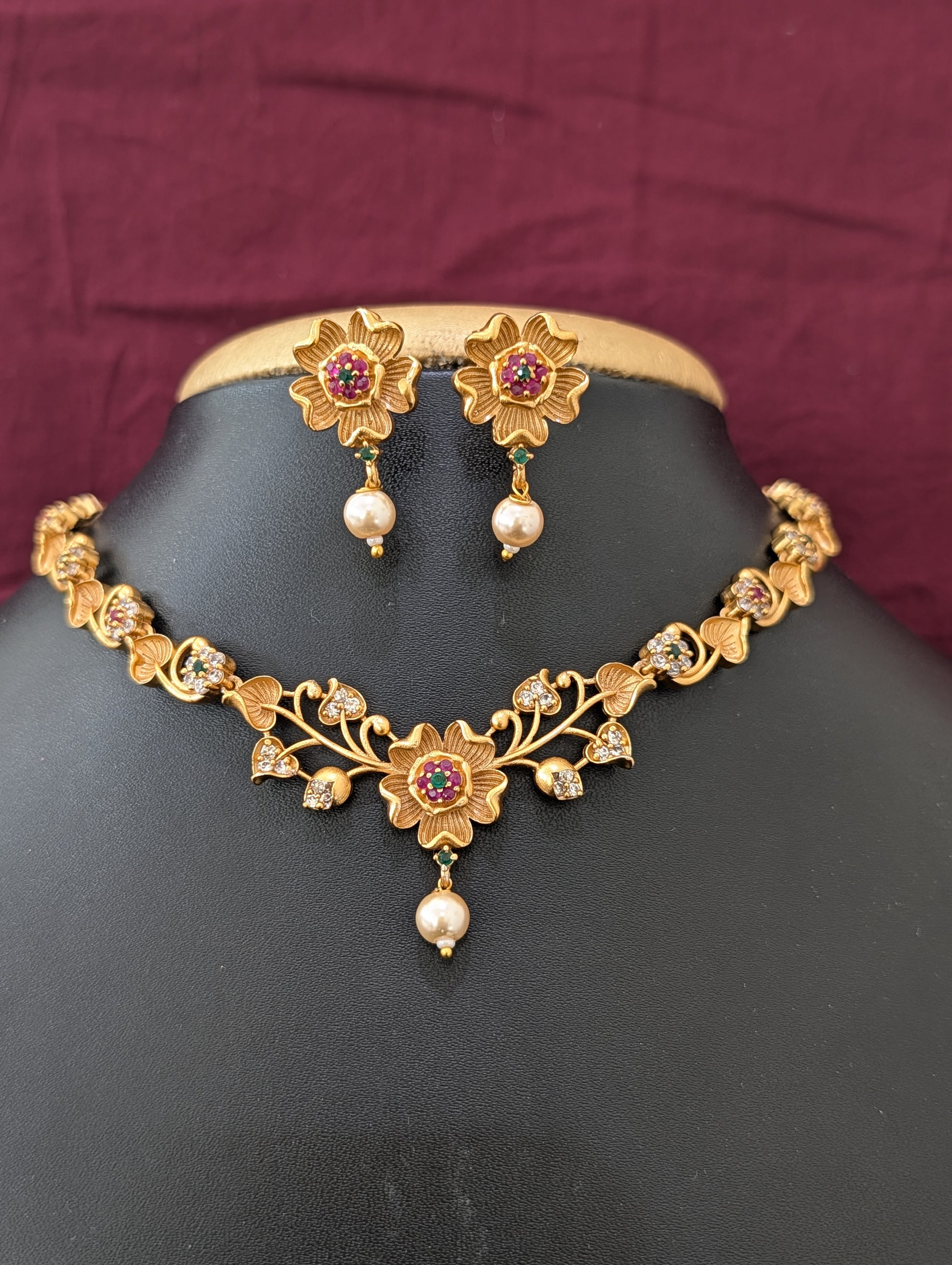 Antique Flower design CZ Choker Jhumka set - Simpliful