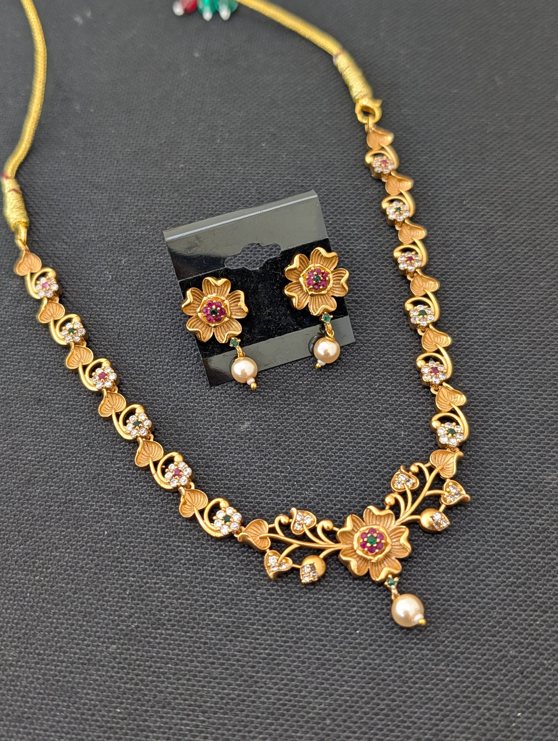Antique Flower design CZ Choker Jhumka set - Simpliful
