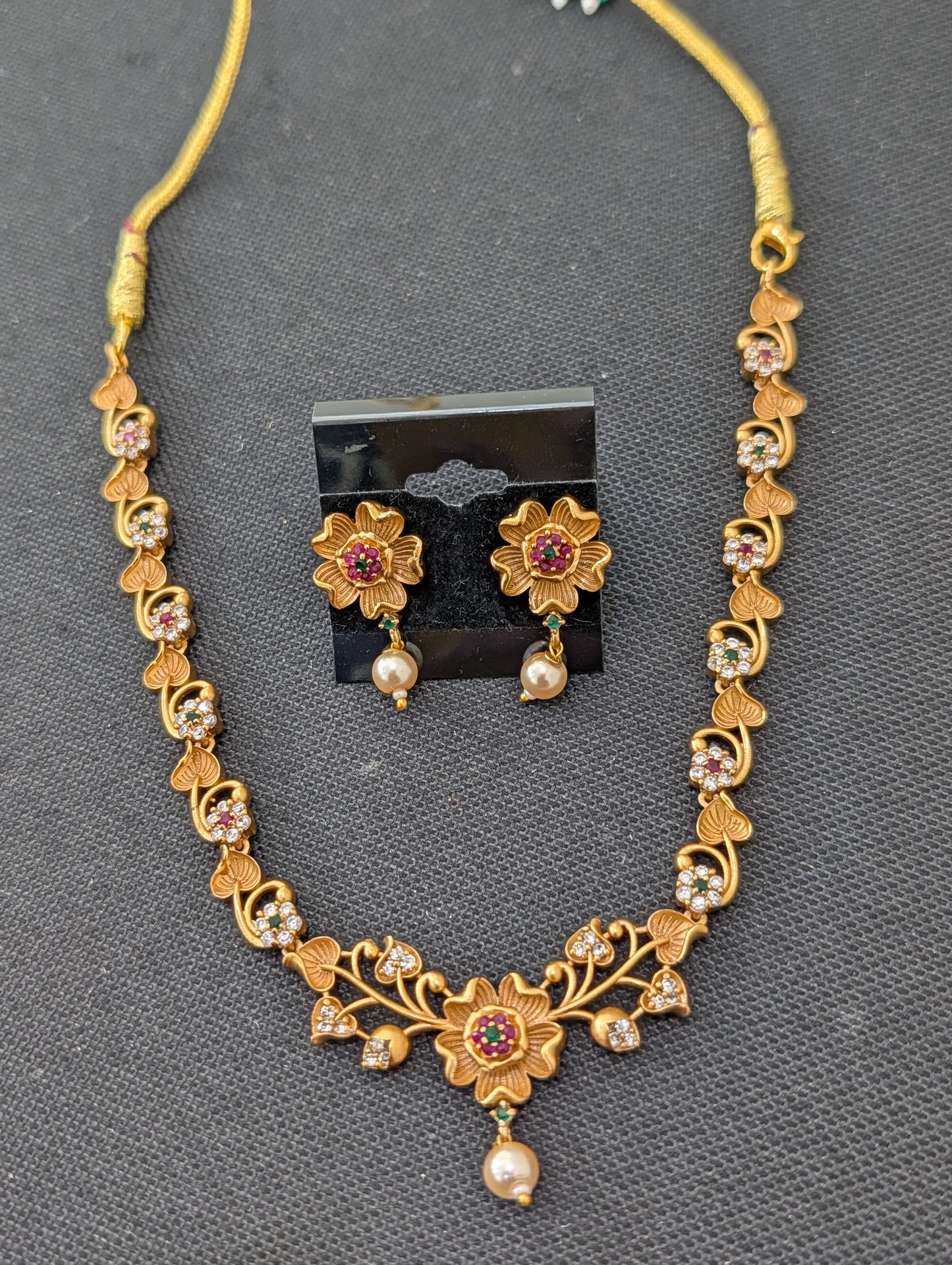 Antique Flower design CZ Choker Jhumka set - Simpliful