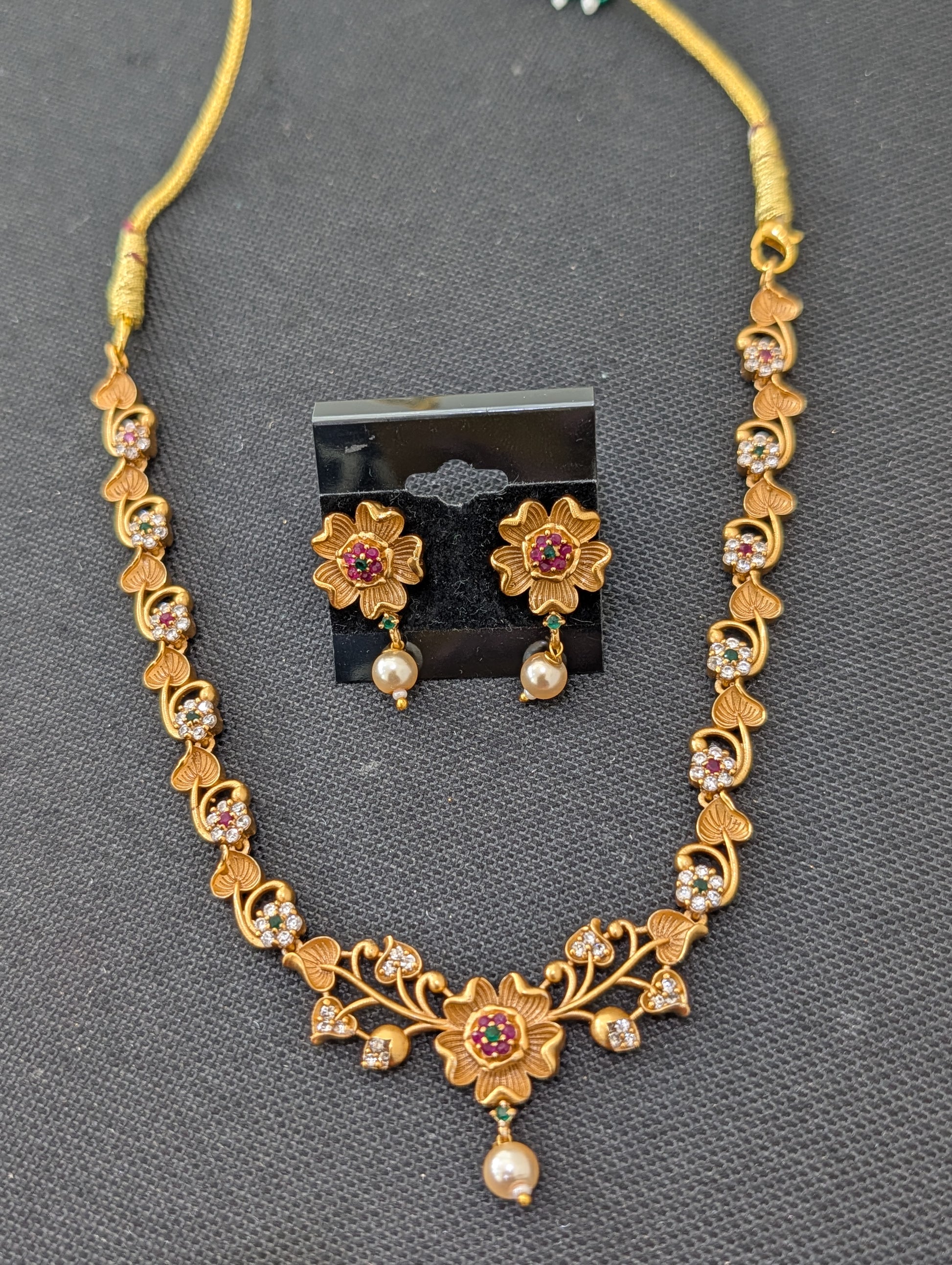 Antique Flower design CZ Choker Jhumka set - Simpliful