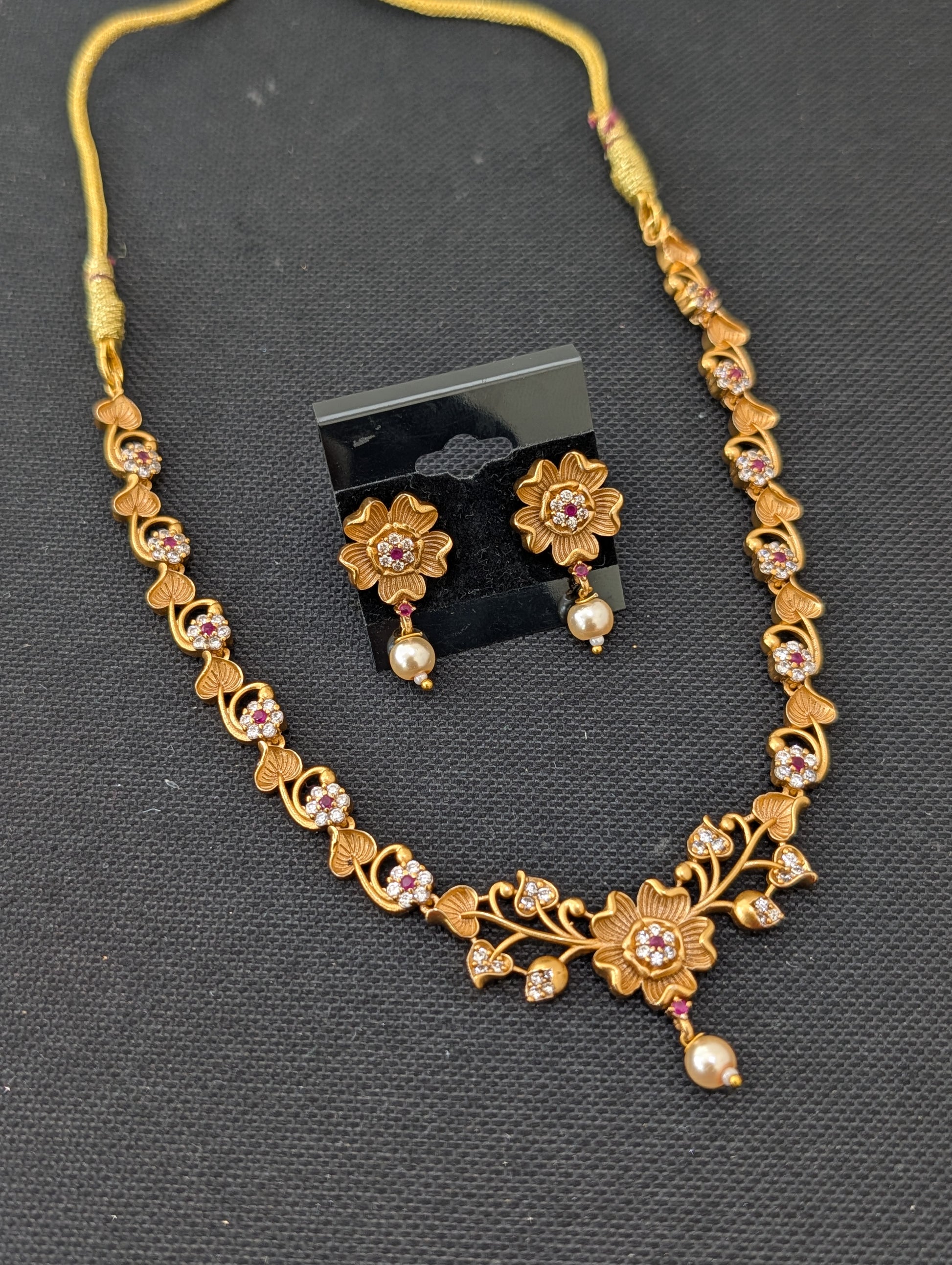 Antique Flower design CZ Choker Jhumka set - Simpliful