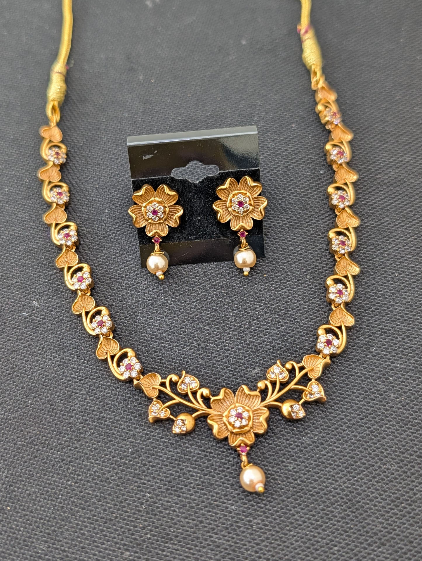 Antique Flower design CZ Choker Jhumka set - Simpliful
