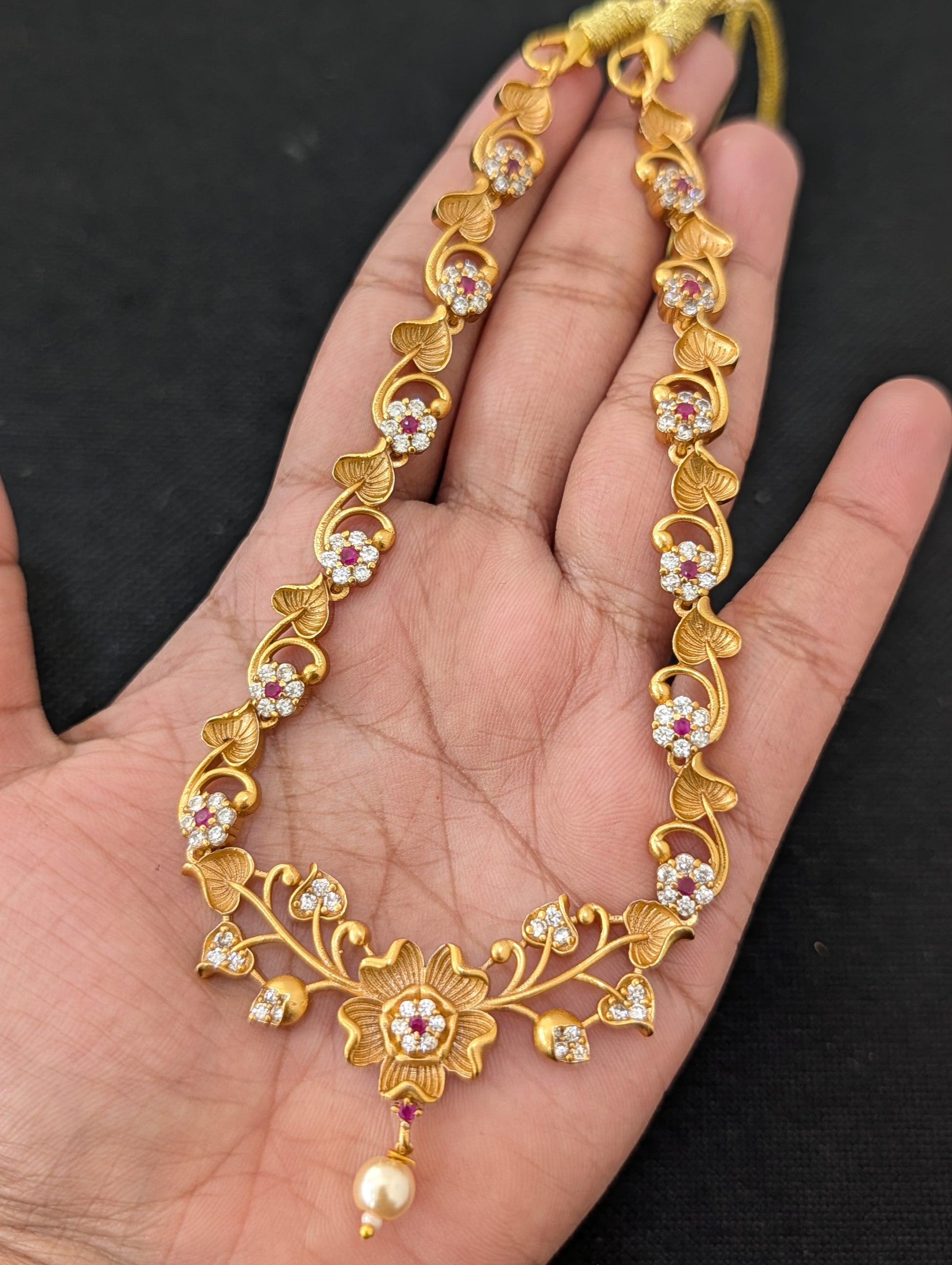 Antique Flower design CZ Choker Jhumka set - Simpliful