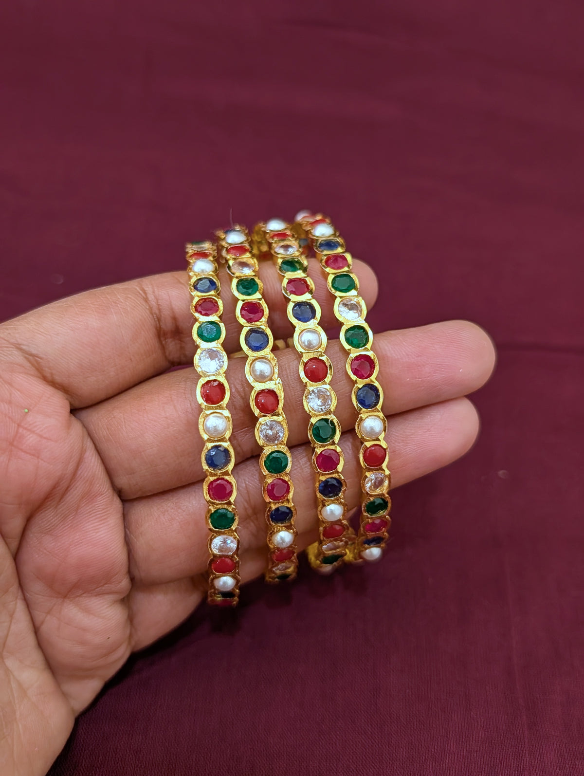 Navaratna CZ stone Bangles - Set of 4 - Simpliful