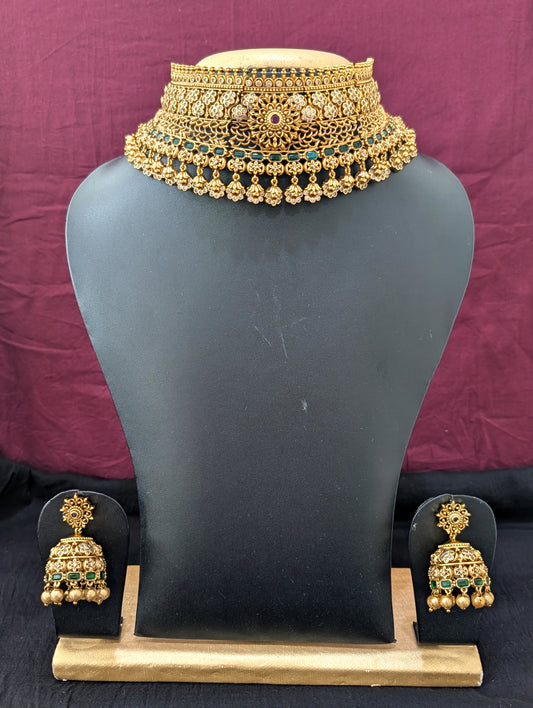 Grand Bridal Broad Choker Large Jhumka set