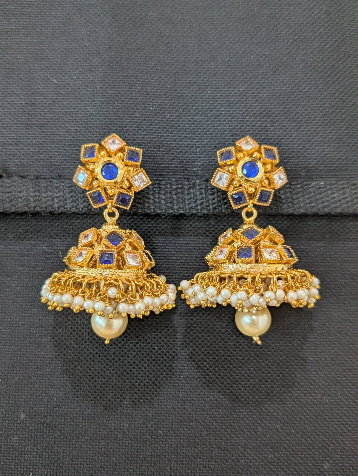 Blue White Polki Guttapusalu Large Jhumka Earrings