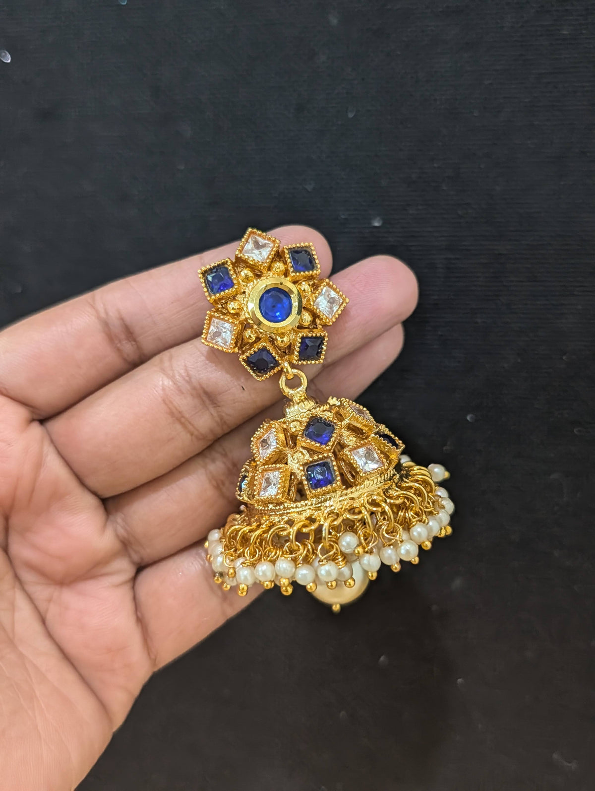 Blue White Polki Guttapusalu Large Jhumka Earrings