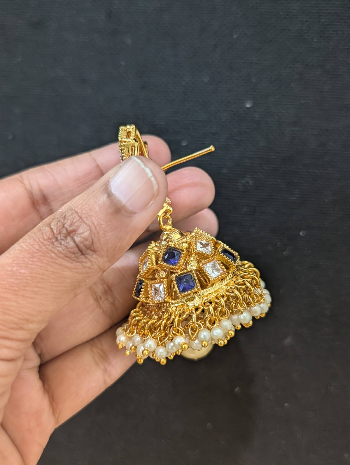Blue White Polki Guttapusalu Large Jhumka Earrings